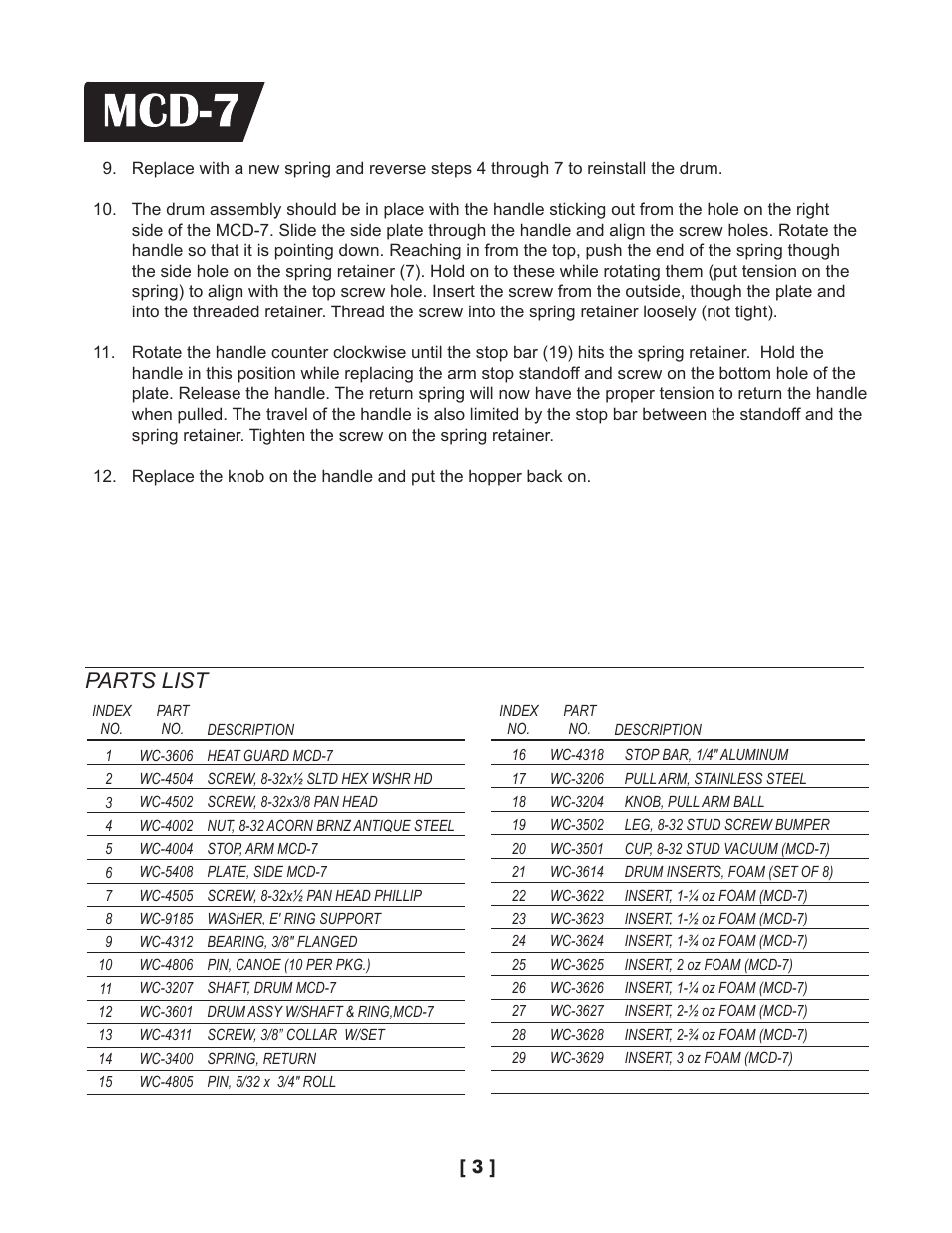 Parts list | Wibur Curtis Company MCD-7 User Manual | Page 4 / 6