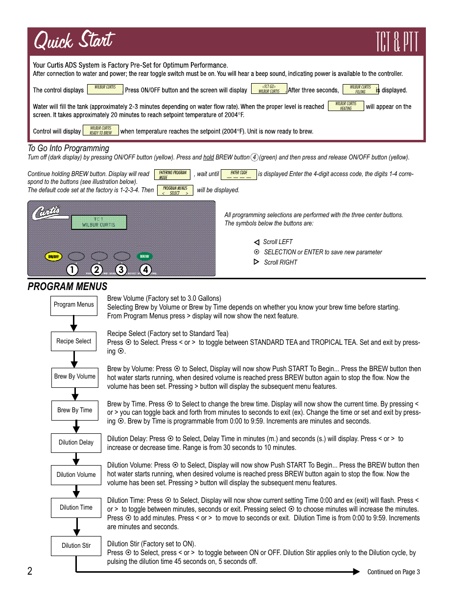 Program menus | Wibur Curtis Company TCTS/T User Manual | Page 2 / 6