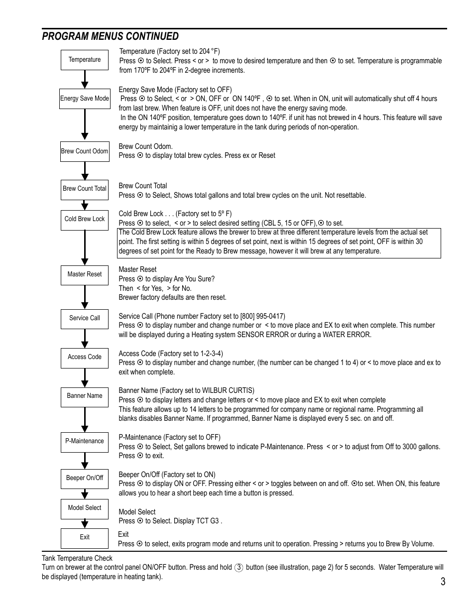 Program menus continued | Wibur Curtis Company TCTS/T User Manual | Page 3 / 6
