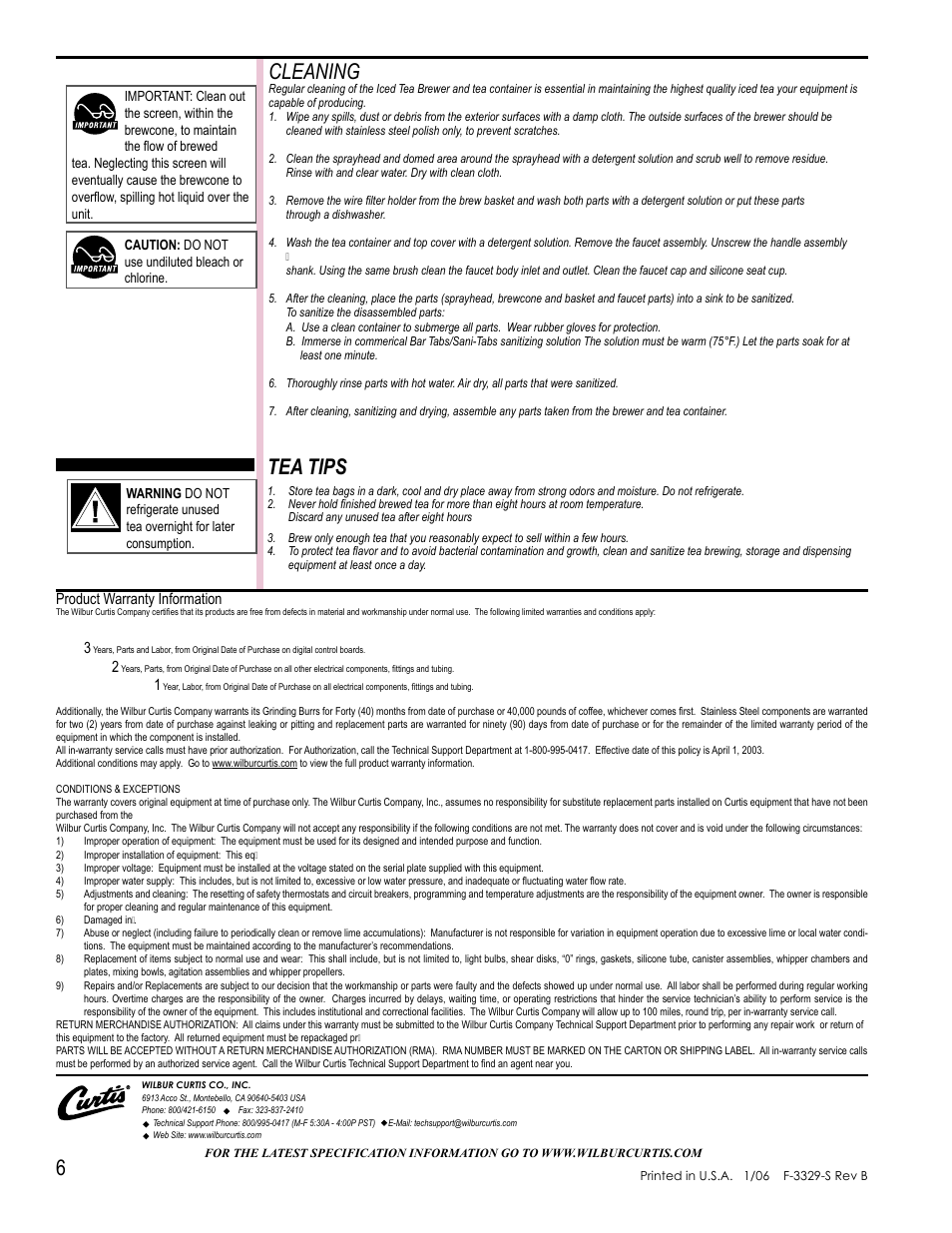 Cleaning, Tea tips | Wibur Curtis Company TCTS/T User Manual | Page 6 / 6