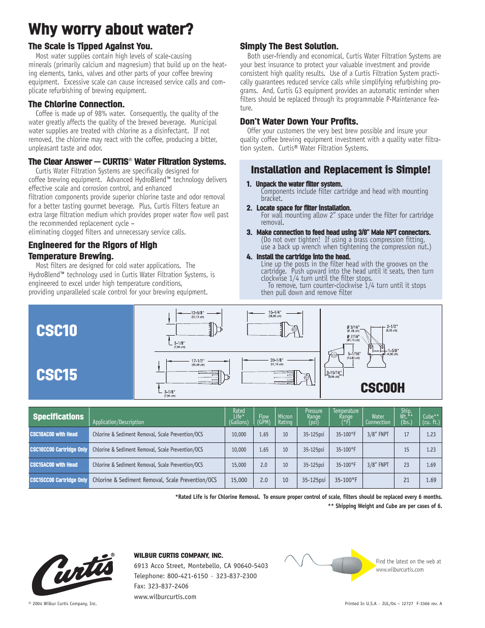 Csc10 csc15, Why worry about water, Csc00h | Installation and replacement is simple, The scale is tipped against you, The chlorine connection, Simply the best solution, Don’t water down your profits | Wibur Curtis Company F-3366 User Manual | Page 2 / 2