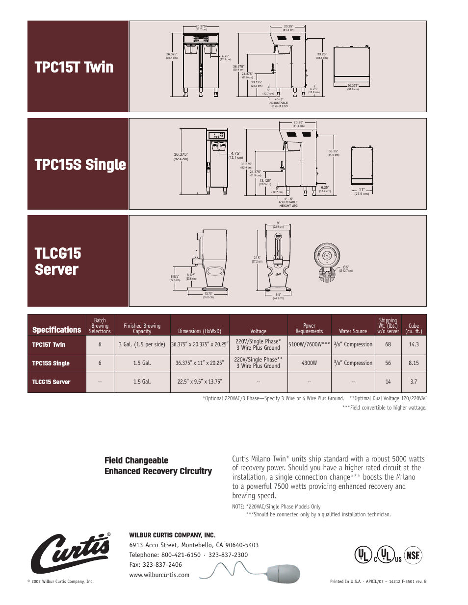 Tpc15t twin, Tpc15s single tlcg15 server, Field changeable enhanced recovery circuitry | Specifications | Wibur Curtis Company TPC15T User Manual | Page 4 / 4