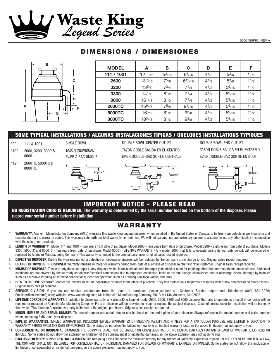 Waste King 1001 User Manual | 2 pages