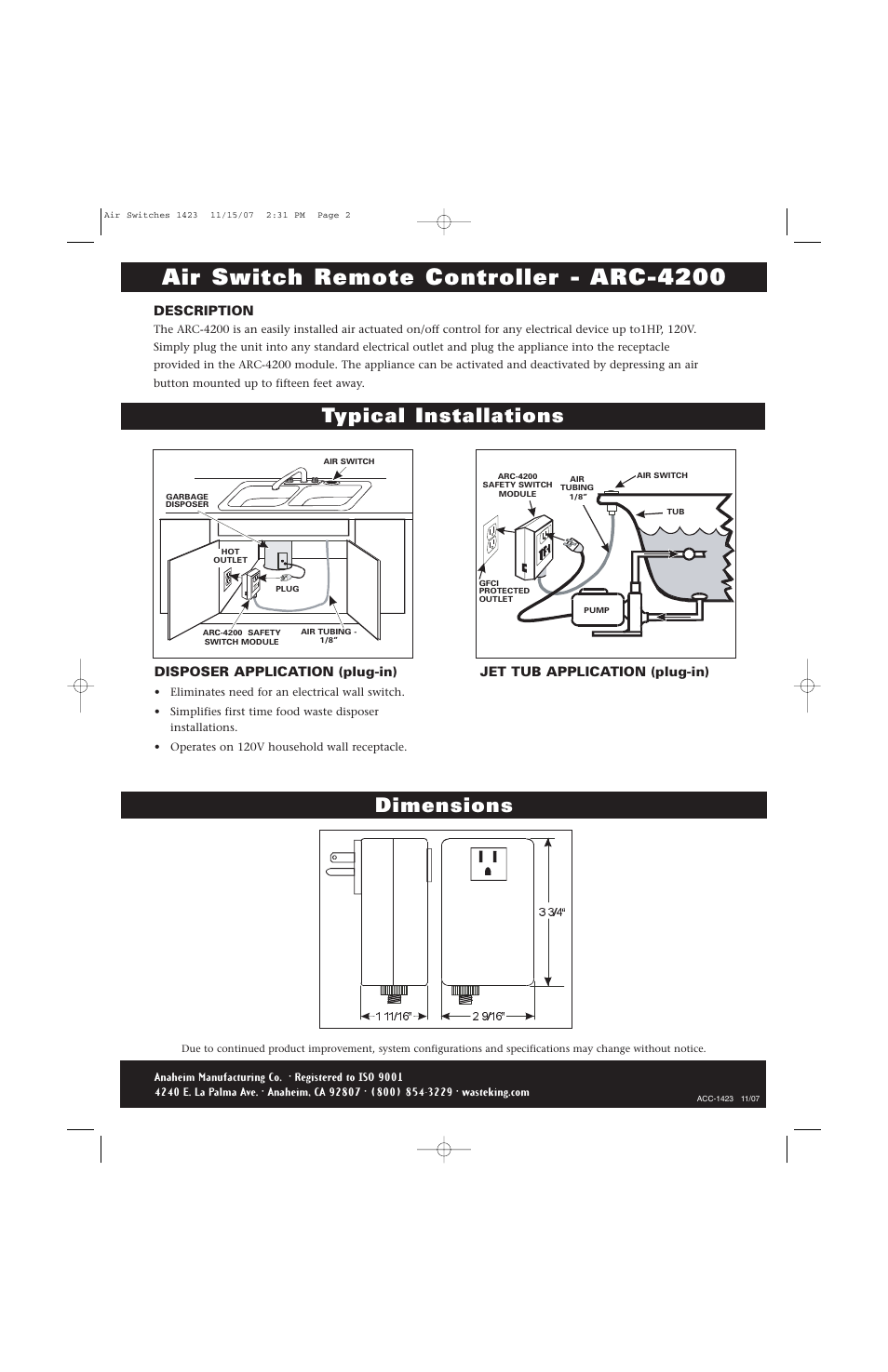 Air switch remote controller - arc-4200, Typical installations, Dimensions | Waste King 1423 User Manual | Page 2 / 2