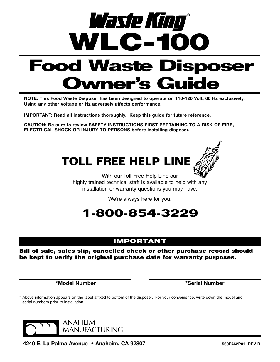 Waste King WLC-100 User Manual | 8 pages