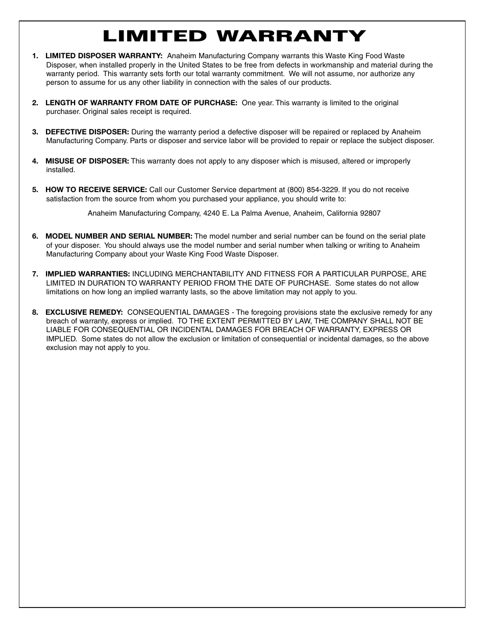 Limited warranty | Waste King WLC-100 User Manual | Page 8 / 8