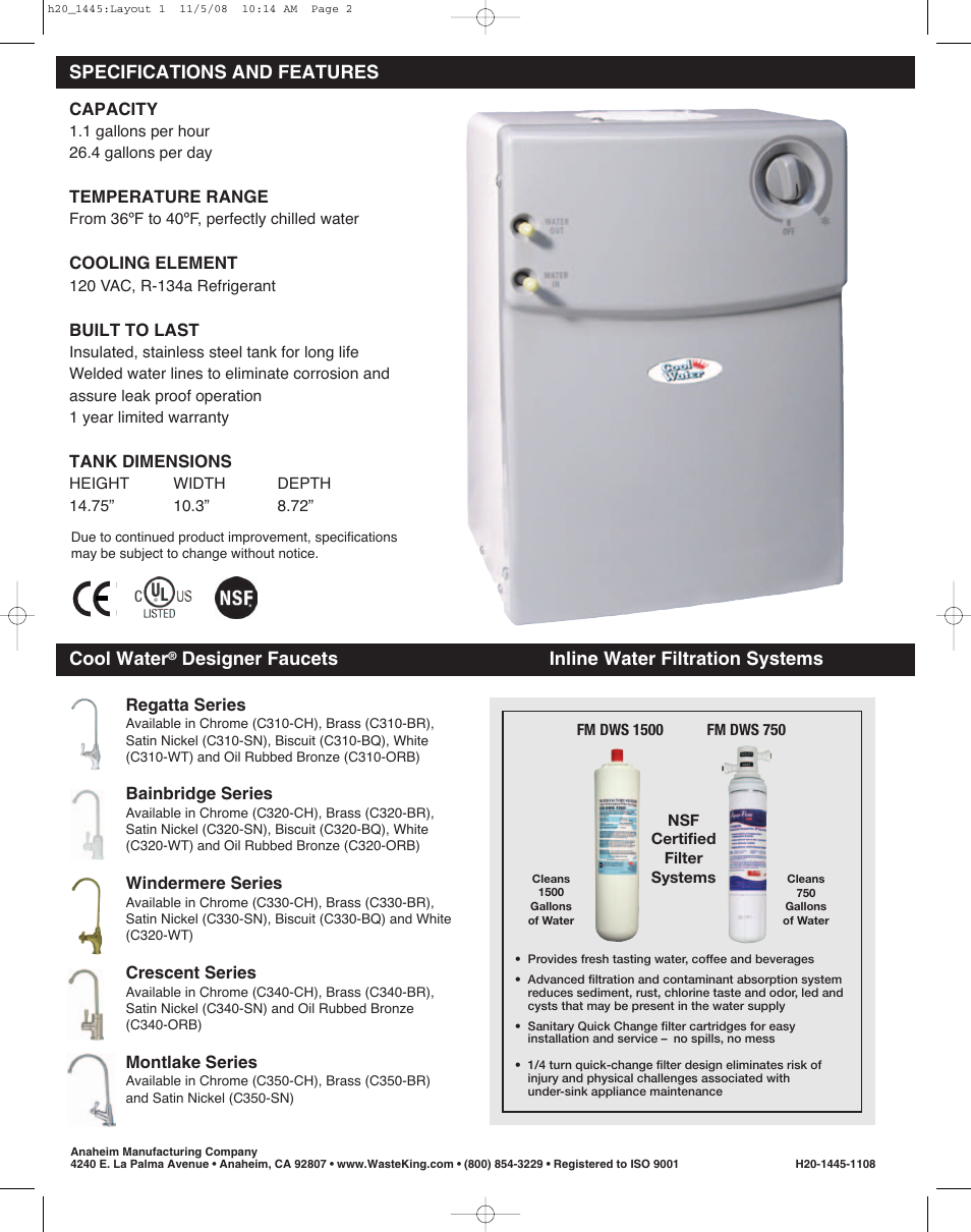 Specifications and features cool water, Designer faucets inline water filtration systems | Waste King Cool Water User Manual | Page 2 / 2