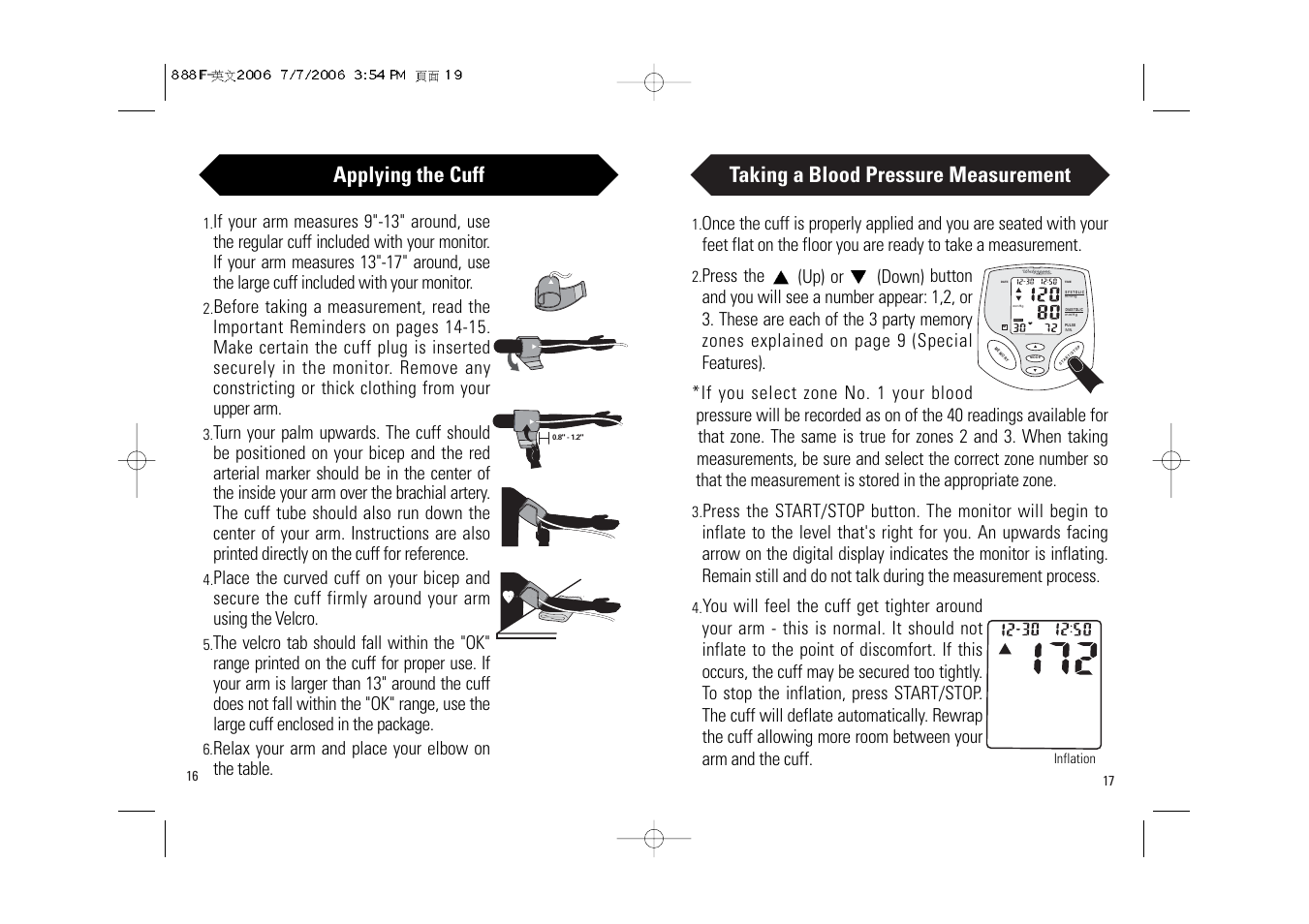 Taking a blood pressure measurement, Applying the cuff, Relax your arm and place your elbow on the table | Walgreens BD-1234W User Manual | Page 10 / 30