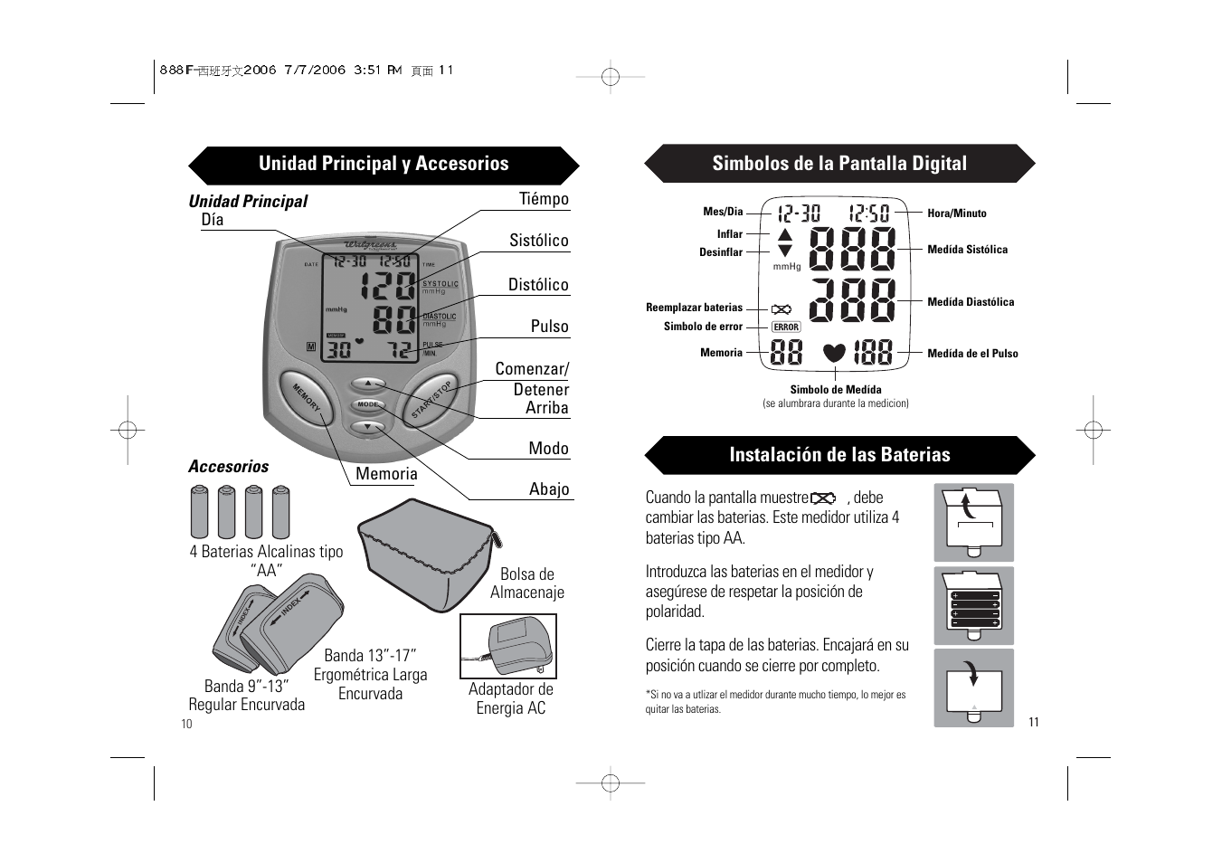 Simbolos de la pantalla digital, Unidad principal y accesorios, Instalación de las baterias | Walgreens BD-1234W User Manual | Page 21 / 30