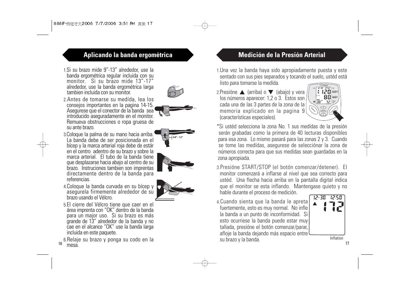 Medición de la presión arterial, Aplicando la banda ergométrica, Date time | Relaje su brazo y ponga su codo en la mesa | Walgreens BD-1234W User Manual | Page 24 / 30