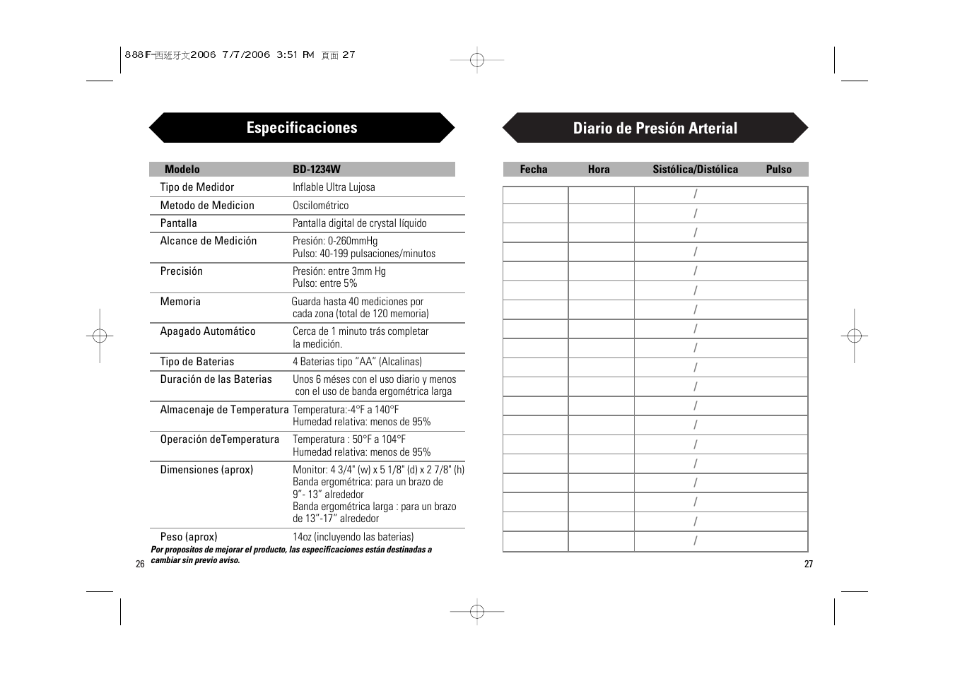 Diario de presión arterial, Especificaciones | Walgreens BD-1234W User Manual | Page 28 / 30