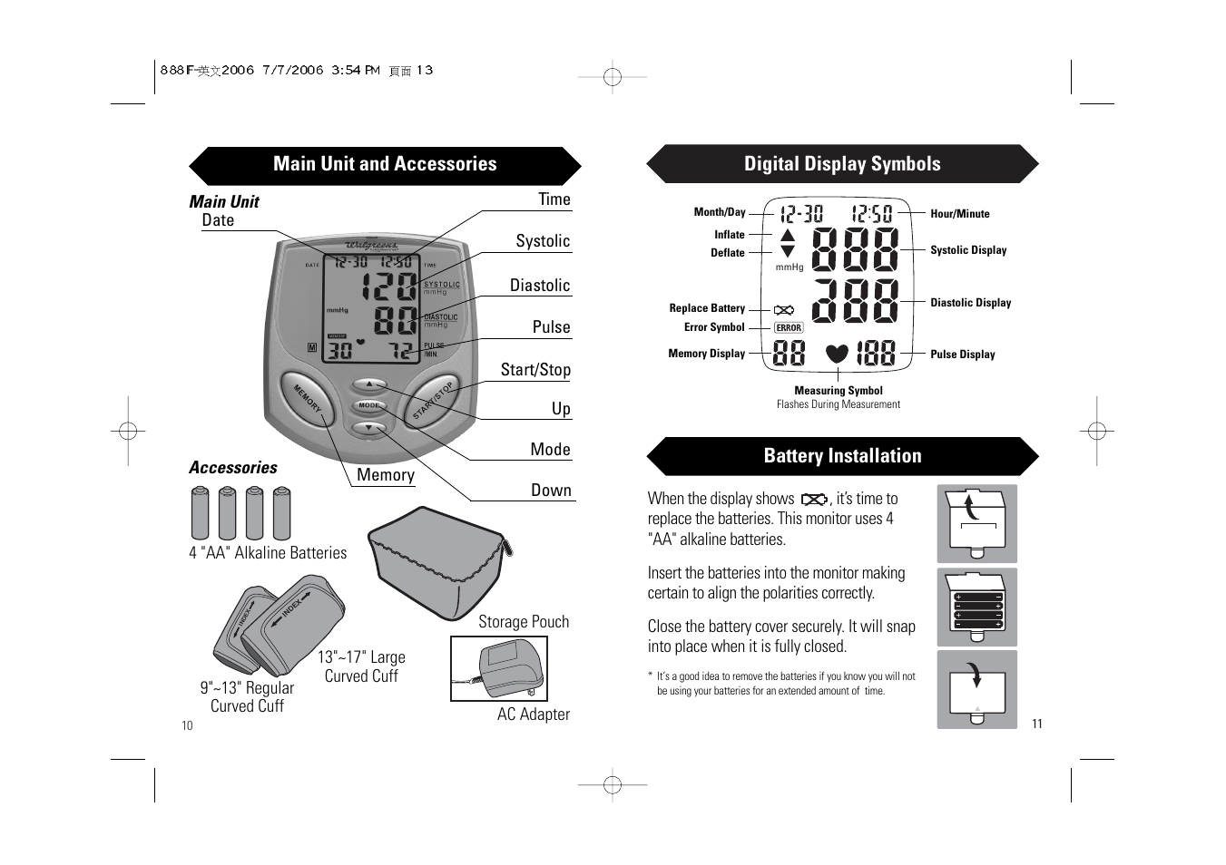 Digital display symbols, Main unit and accessories, Battery installation | Walgreens BD-1234W User Manual | Page 7 / 30