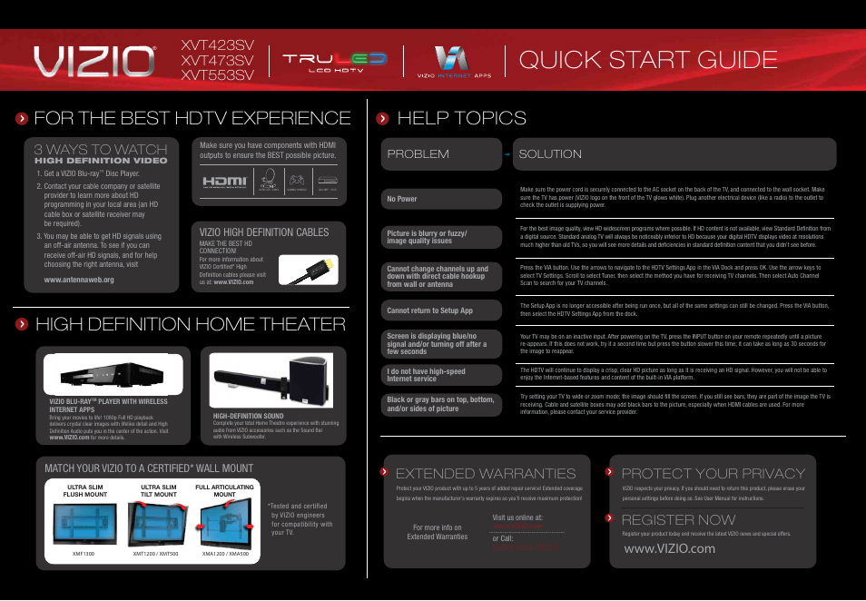 Quick start guide, Help topics for the best hdtv experience, High definition home theater | 3 ways to watch, Extended warranties, Protect your privacy register now, Problem solution, Vizio high definition cables, Match your vizio to a certified* wall mount | Walgreens XVT423SV User Manual | Page 2 / 2