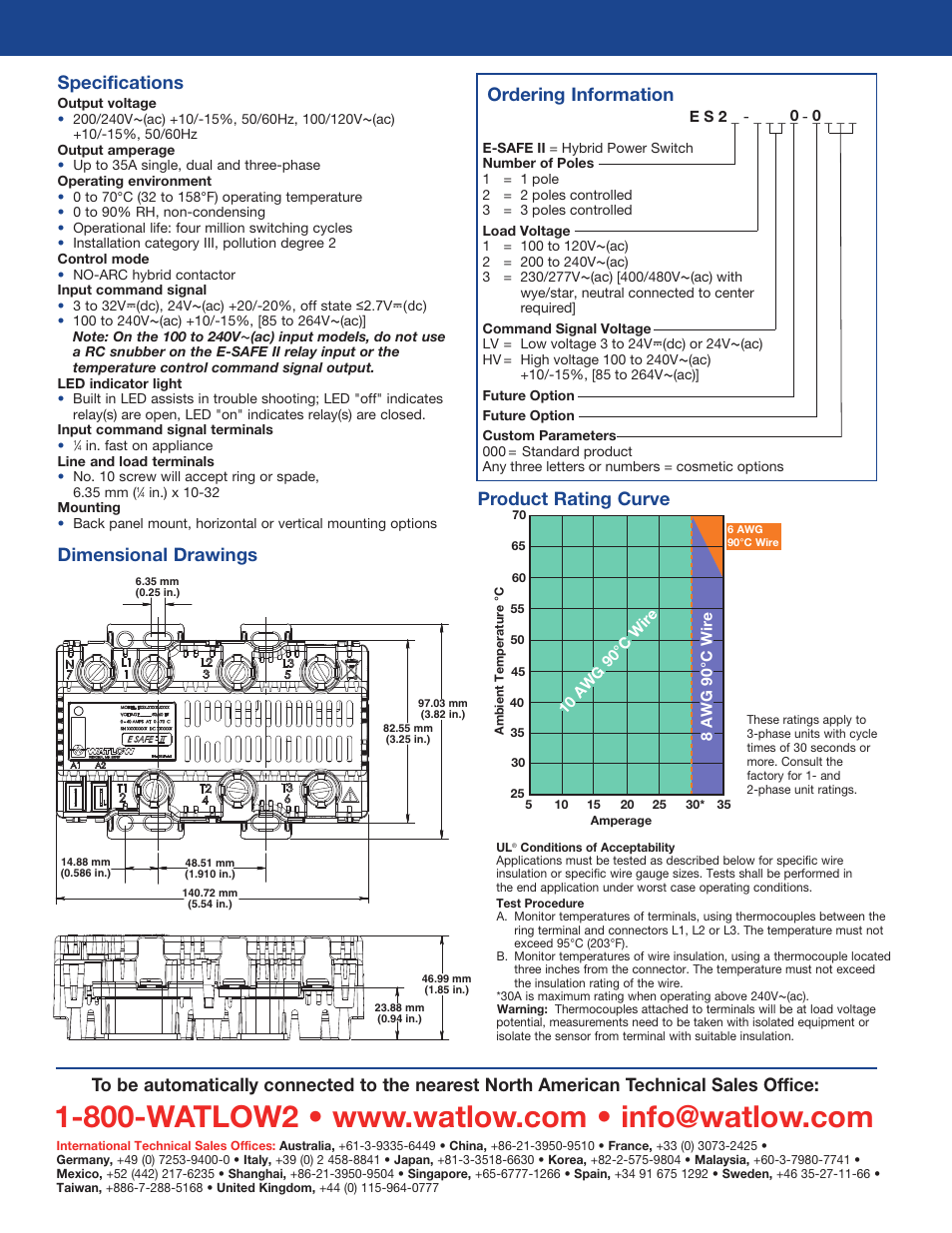 Specifications, Dimensional drawings, Ordering information | Product rating curve, How to contact watlow | Watlow Electric E-Safe II User Manual | Page 2 / 2