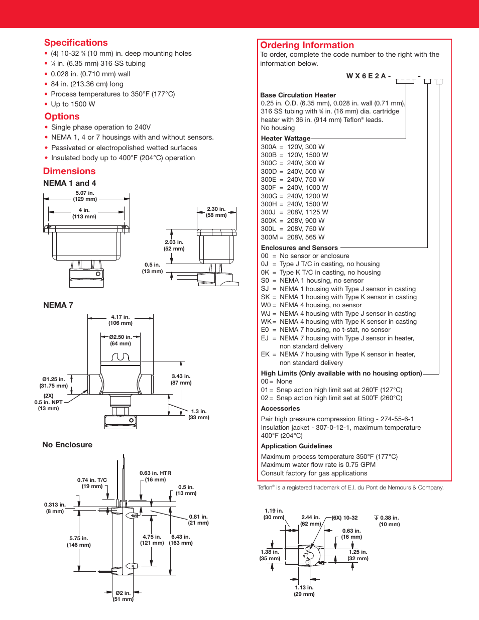 Specifications, Options, Dimensions | Ordering information, Nema 1 and 4, Nema 7 no enclosure | Watlow Electric CAST-X 500 User Manual | Page 2 / 2