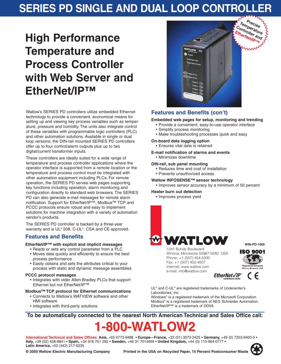 Watlow Electric Single and Dual Loop Controller Series PD User Manual | 2 pages