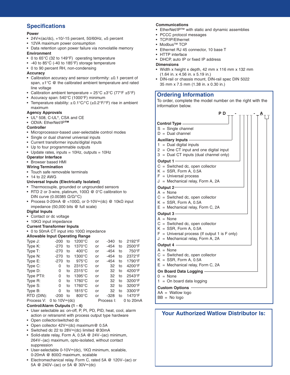 Specifications, Ordering information, Your authorized watlow distributor is | Watlow Electric Single and Dual Loop Controller Series PD User Manual | Page 2 / 2