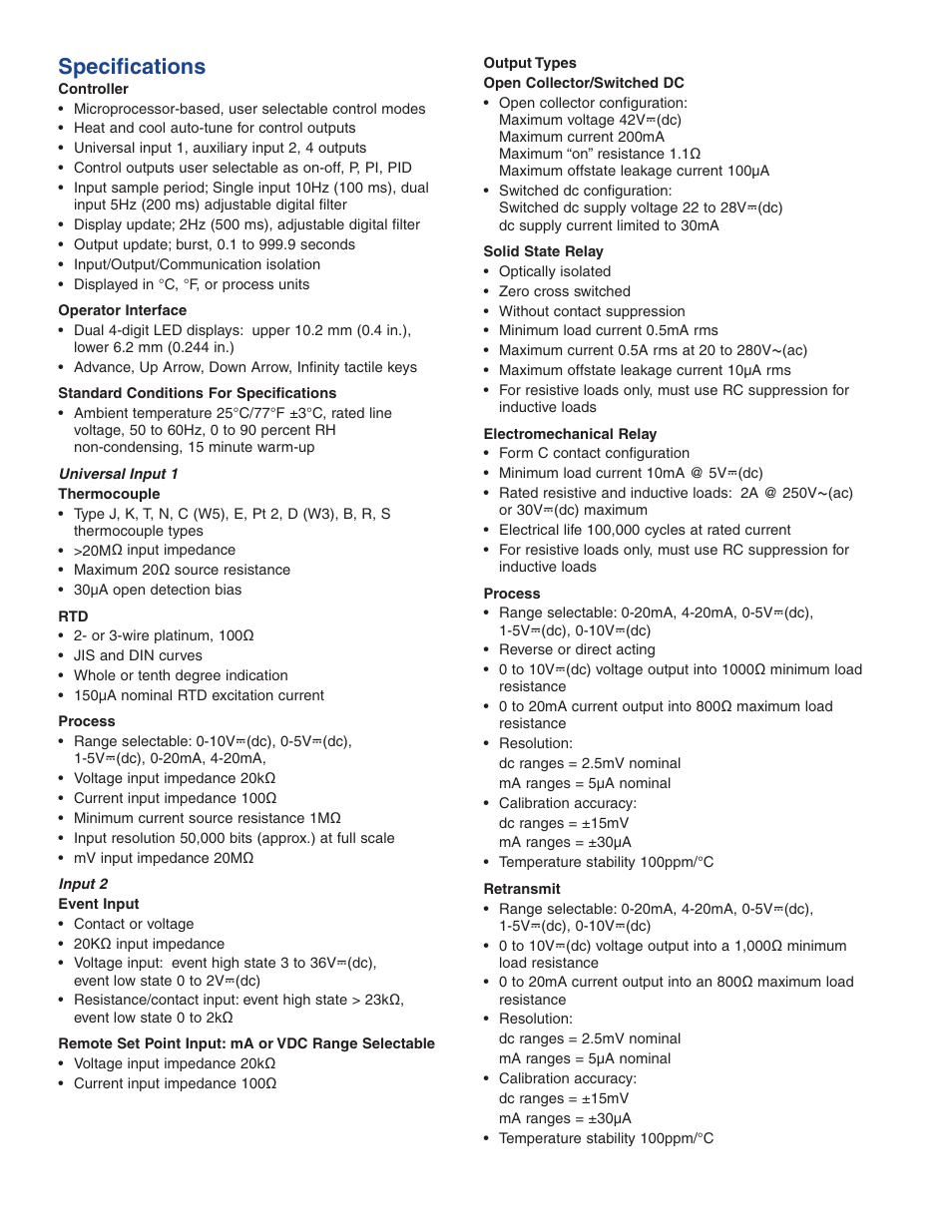 Specifications | Watlow Electric Series 96 User Manual | Page 2 / 4