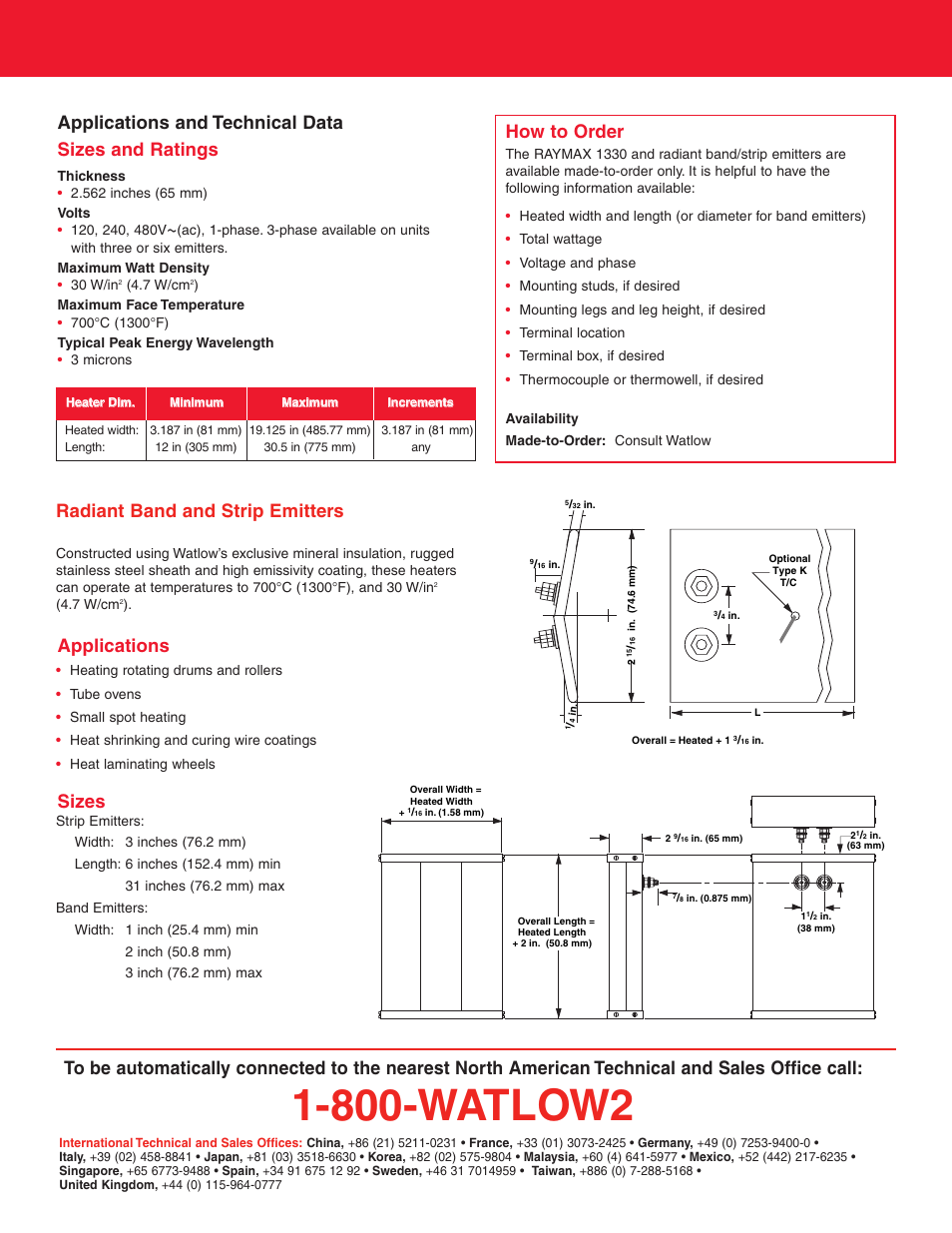Sizes and ratings, Radiant band and strip emitters, Applications | Sizes, How to order, How to contact watlow, 800-watlow2, Applications and technical data sizes and ratings | Watlow Electric RAYMAX 1330 User Manual | Page 2 / 2