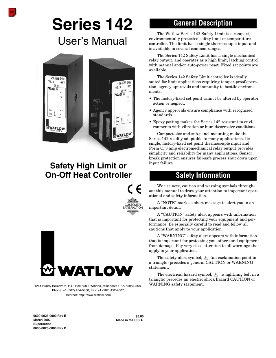 Watlow Series 142 User Manual | 8 pages