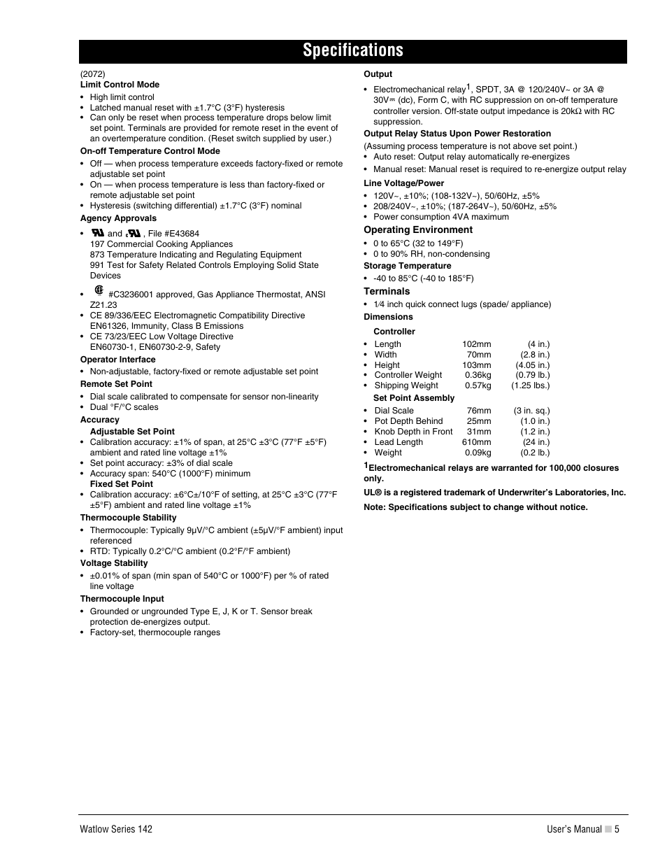 Specifications | Watlow Series 142 User Manual | Page 5 / 8