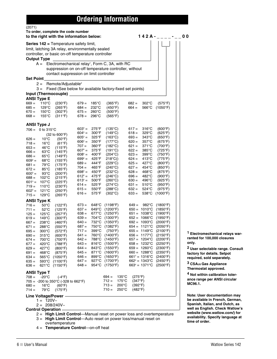 Ordering information | Watlow Series 142 User Manual | Page 6 / 8