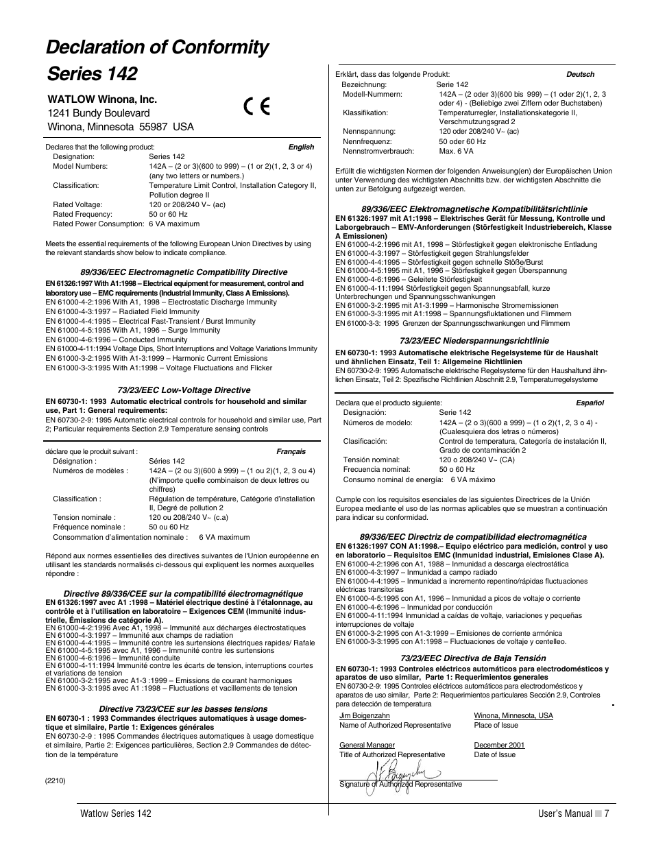 Declaration of conformity, Declaration of conformity series 142 | Watlow Series 142 User Manual | Page 7 / 8