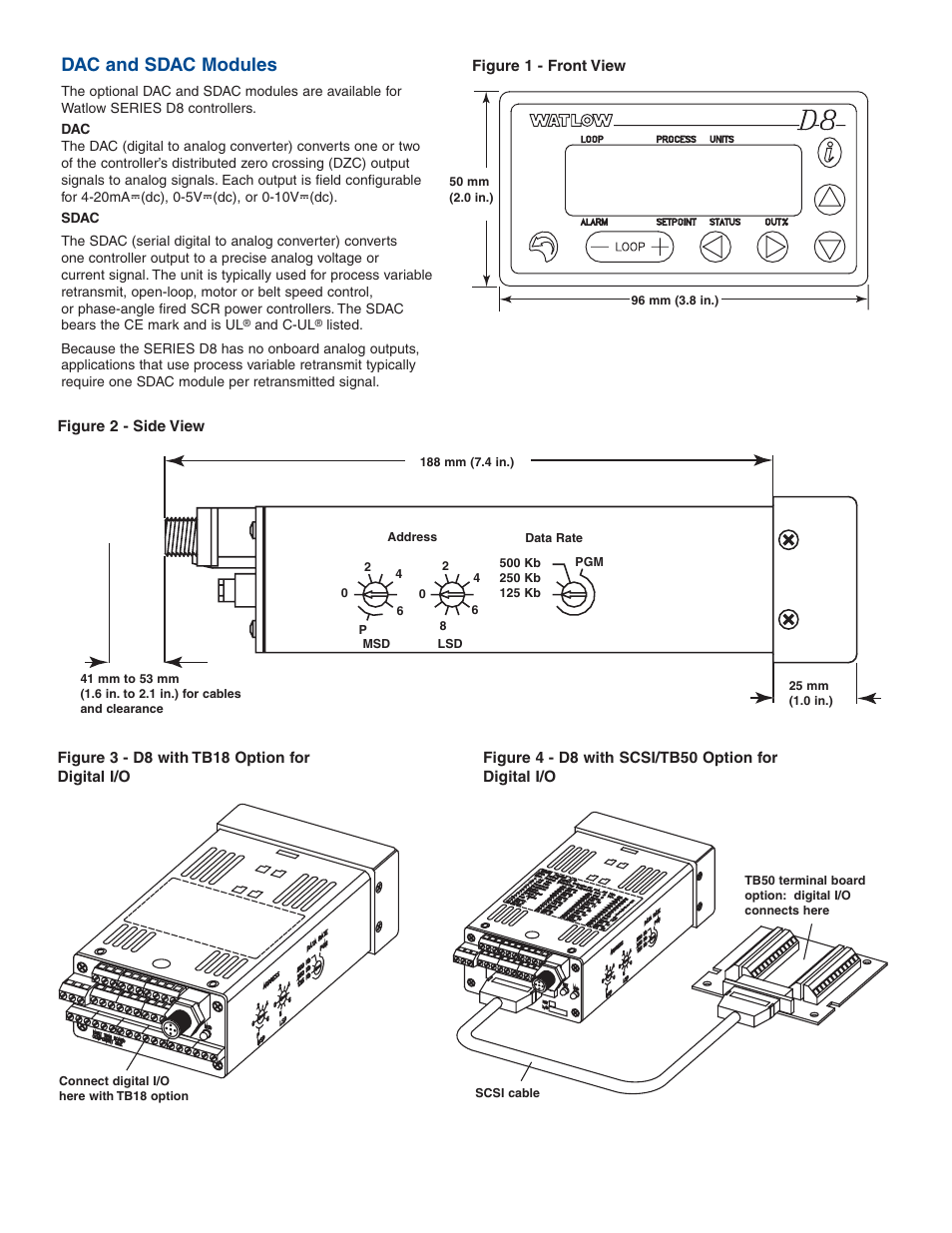 Dac and sdac modules, Figure 1 - front view, Figure 2 - side view | Figure 3 - d8 with tb18 option for digital i/o | Watlow Electric Controller Series D8 User Manual | Page 2 / 4