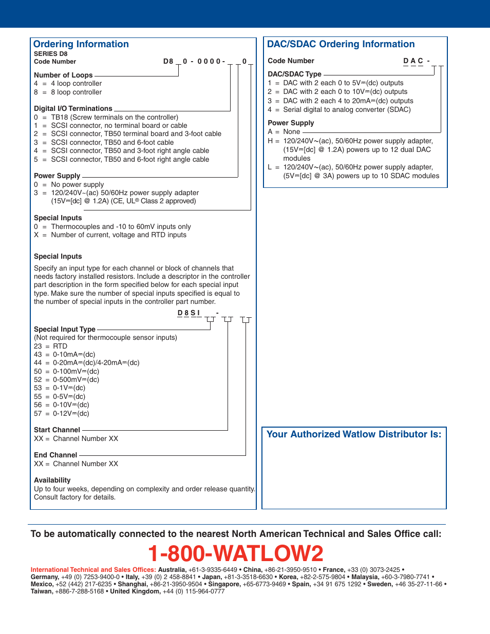 Ordering information, Dac/sdac ordering information, How to contact watlow | 800-watlow2 | Watlow Electric Controller Series D8 User Manual | Page 4 / 4