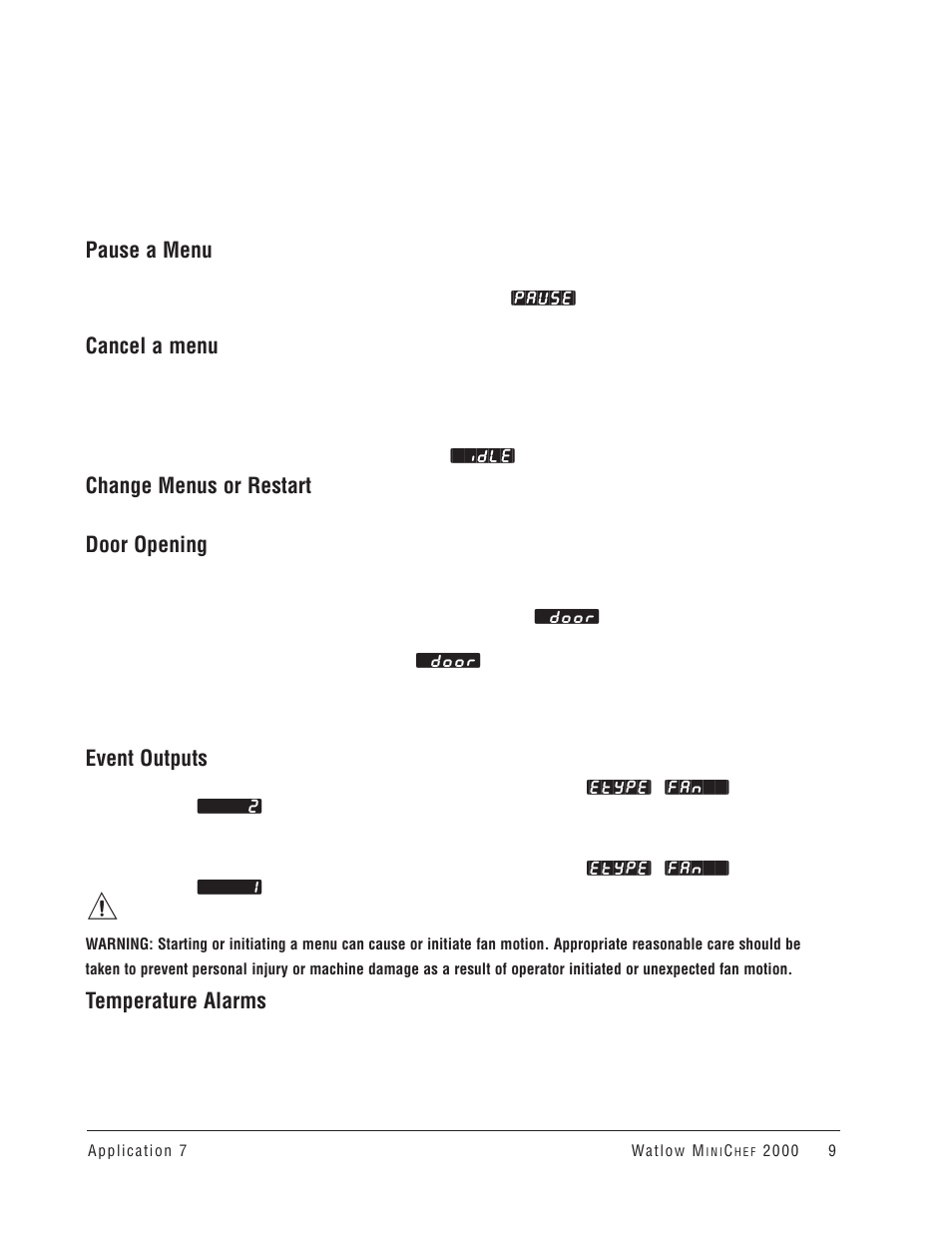 Pause a menu, Cancel a menu, Change menus or restart | Door opening, Event outputs, Temperature alarms | Watlow MINICHEF Convection Oven Application User Manual | Page 11 / 40