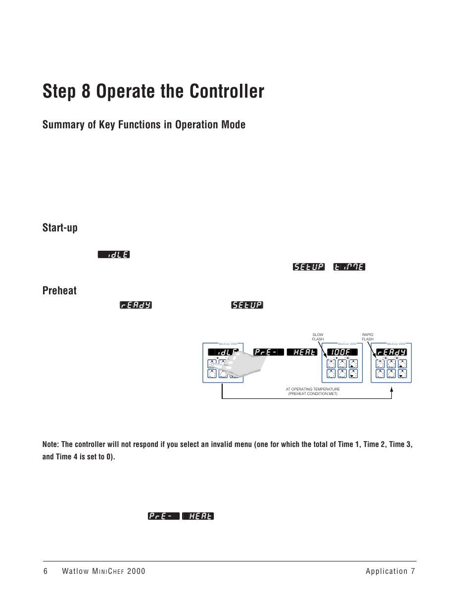 Step 8 operate the controller, Summary of key functions in operation mode, Start-up | Preheat, Idle, 100f, Ready, Pre-`] [`heat | Watlow MINICHEF Convection Oven Application User Manual | Page 8 / 40