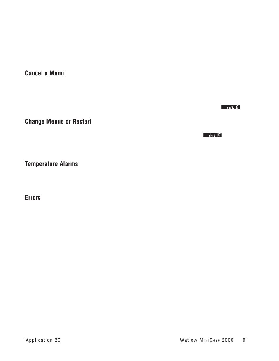 Cancel a menu, Change menus or restart, Temperature alarms | Errors | Watlow MINICHEF 2000 Griddle Applications User Manual | Page 10 / 46