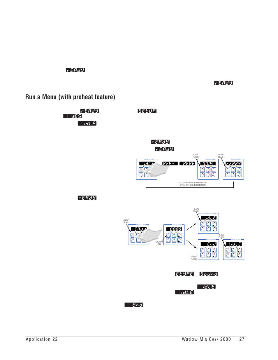Run a menu (with preheat feature), Ready, Idle | 100f, Pre-`] [`heat, I n i, H e f | Watlow MINICHEF 2000 Griddle Applications User Manual | Page 28 / 46