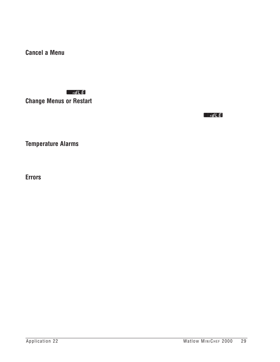 Cancel a menu, Change menus or restart, Temperature alarms | Errors | Watlow MINICHEF 2000 Griddle Applications User Manual | Page 30 / 46
