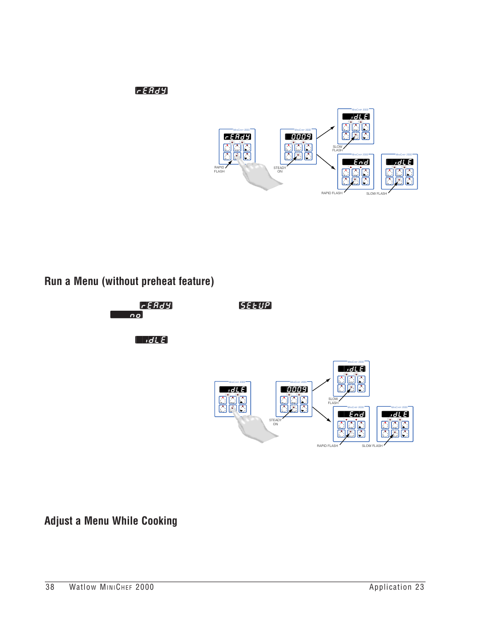 Run a menu (without preheat feature), Adjust a menu while cooking, Idle | Ready, I n i, H e f | Watlow MINICHEF 2000 Griddle Applications User Manual | Page 39 / 46