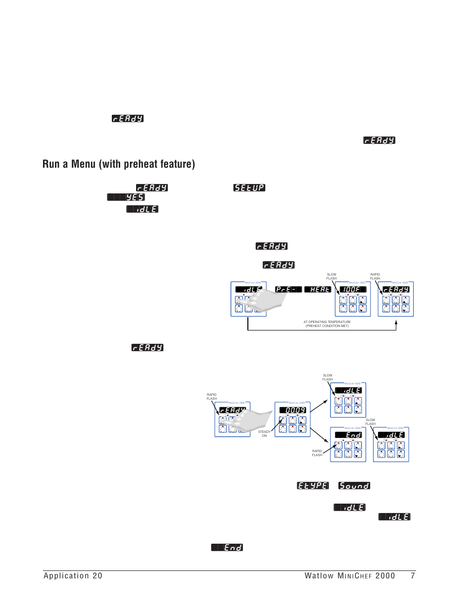 Run a menu (with preheat feature), Ready, Idle | 100f, Pre-`] [`heat, I n i, H e f | Watlow MINICHEF 2000 Griddle Applications User Manual | Page 8 / 46