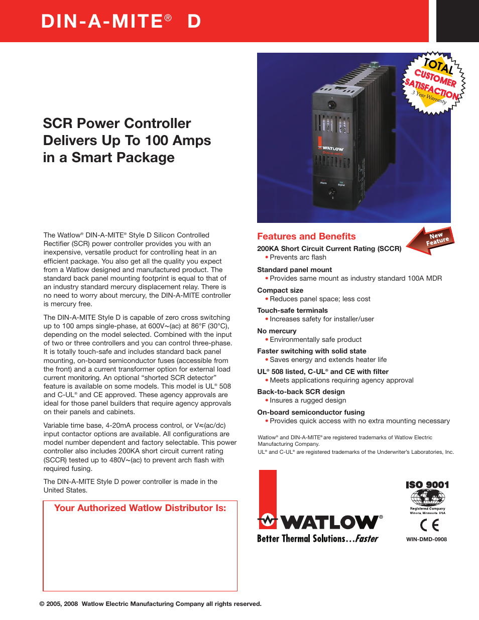 Watlow Electric DIN-A-MITE SCR Power Controller User Manual | 2 pages