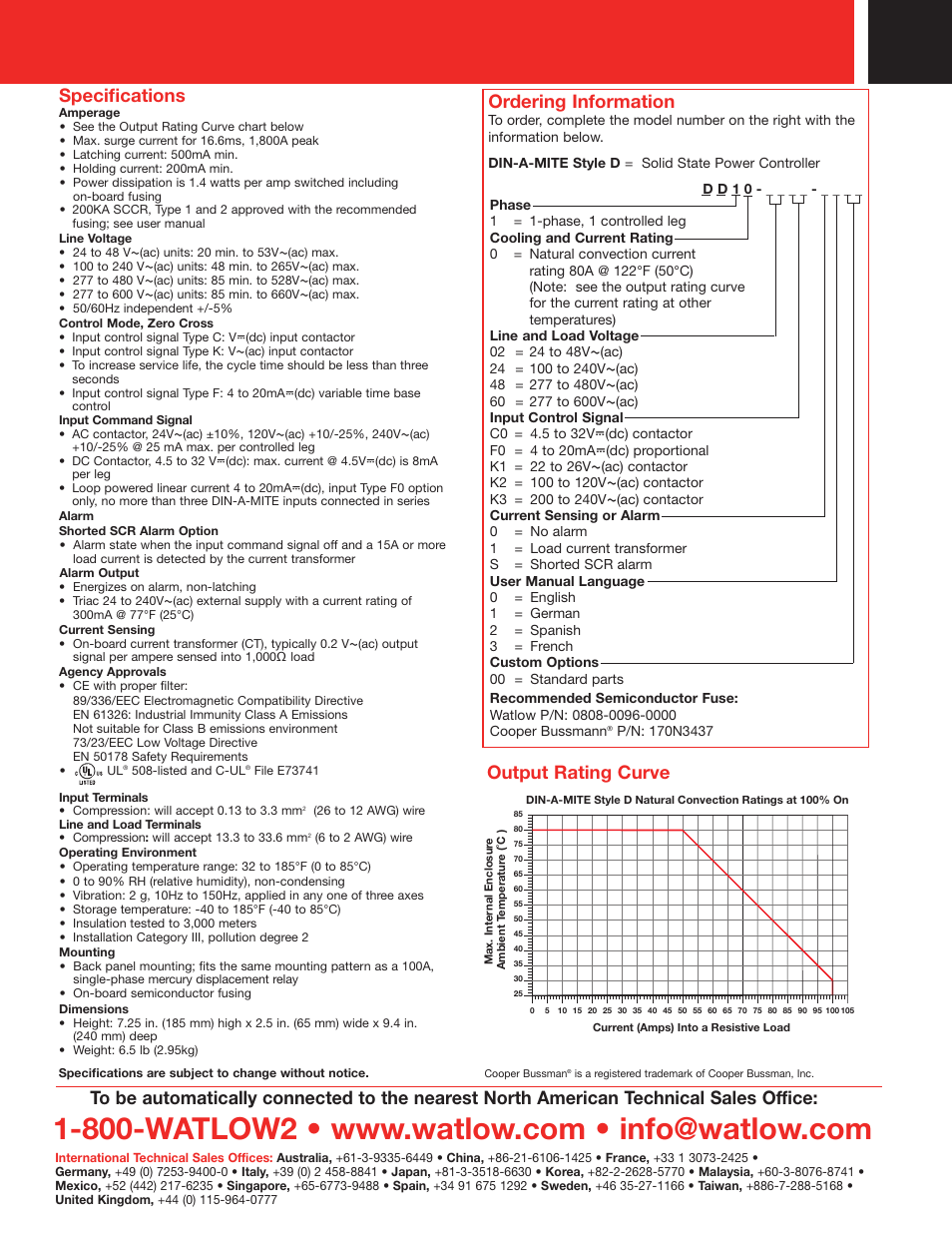 Specifications, Ordering information, Output rating curve | How to contact watlow, Output rating curve specifications | Watlow Electric DIN-A-MITE SCR Power Controller User Manual | Page 2 / 2