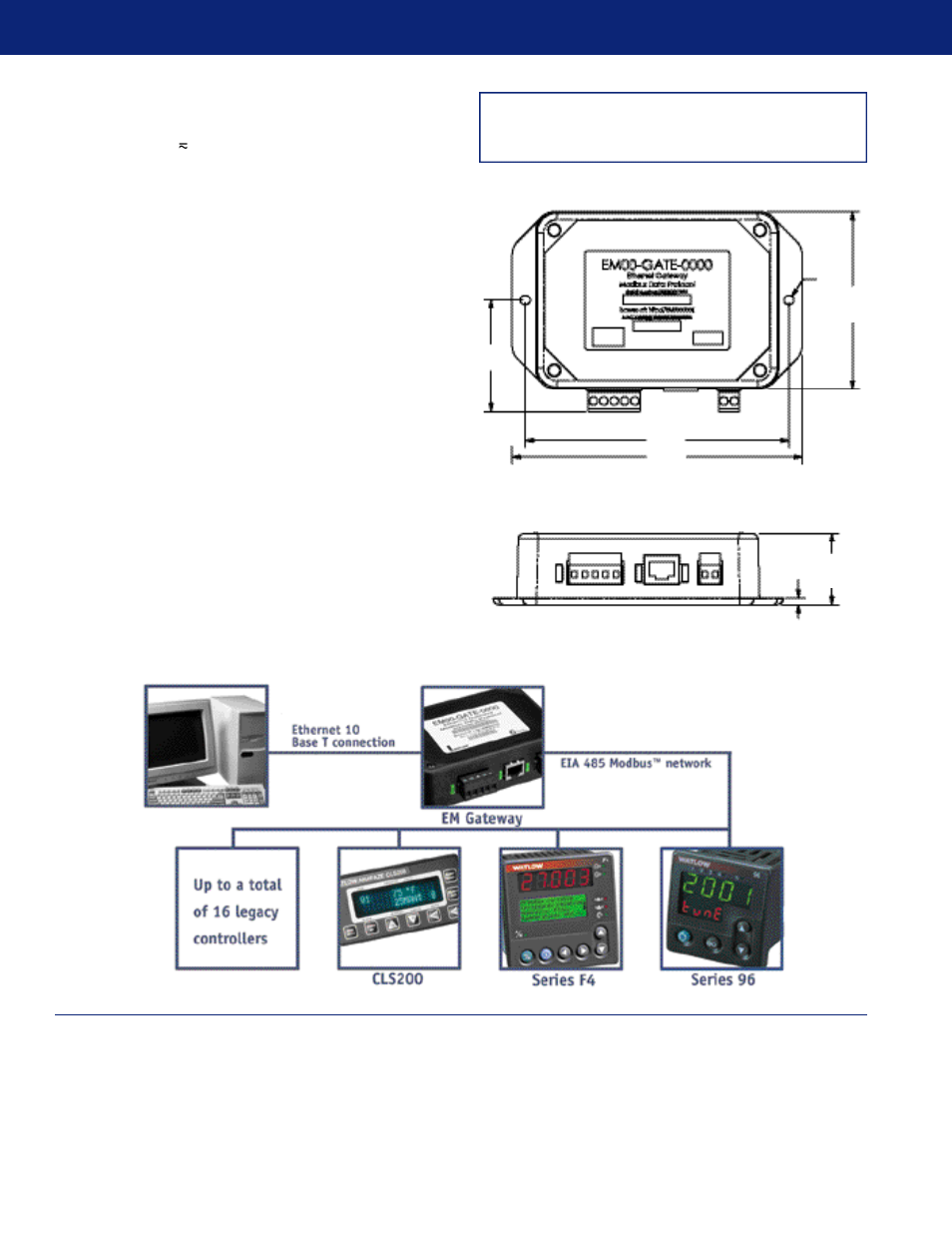 Specifications, Ordering information, Top view | Front view, Em gateway network wiring diagram, Watlow sales offices, Front view em gateway network wiring diagram | Watlow Electric WIN-EMG-0303 User Manual | Page 2 / 2