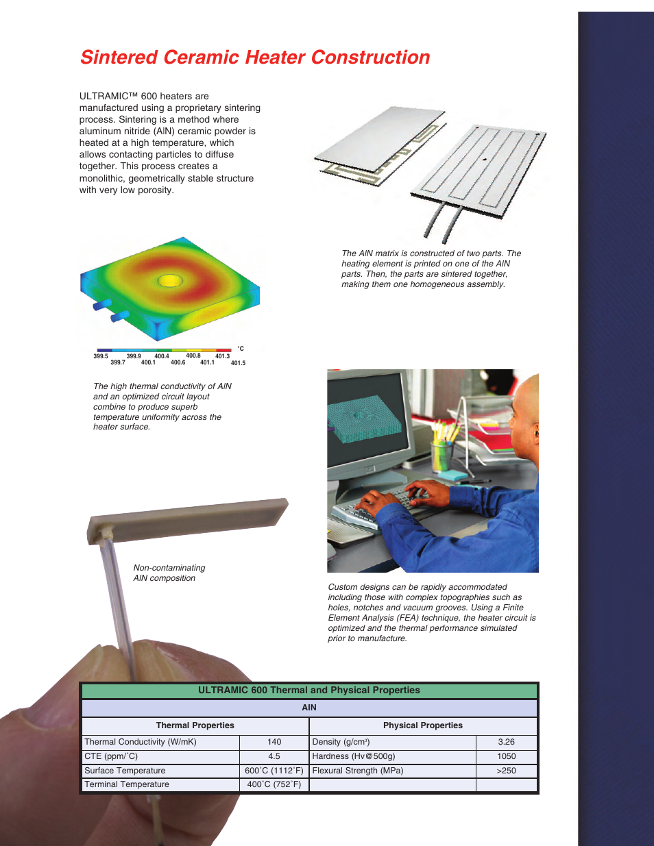 Sintered ceramic heater construction, Ultramic 600 thermal and physical properties | Watlow Electric ULTRAMIC 600 User Manual | Page 5 / 6