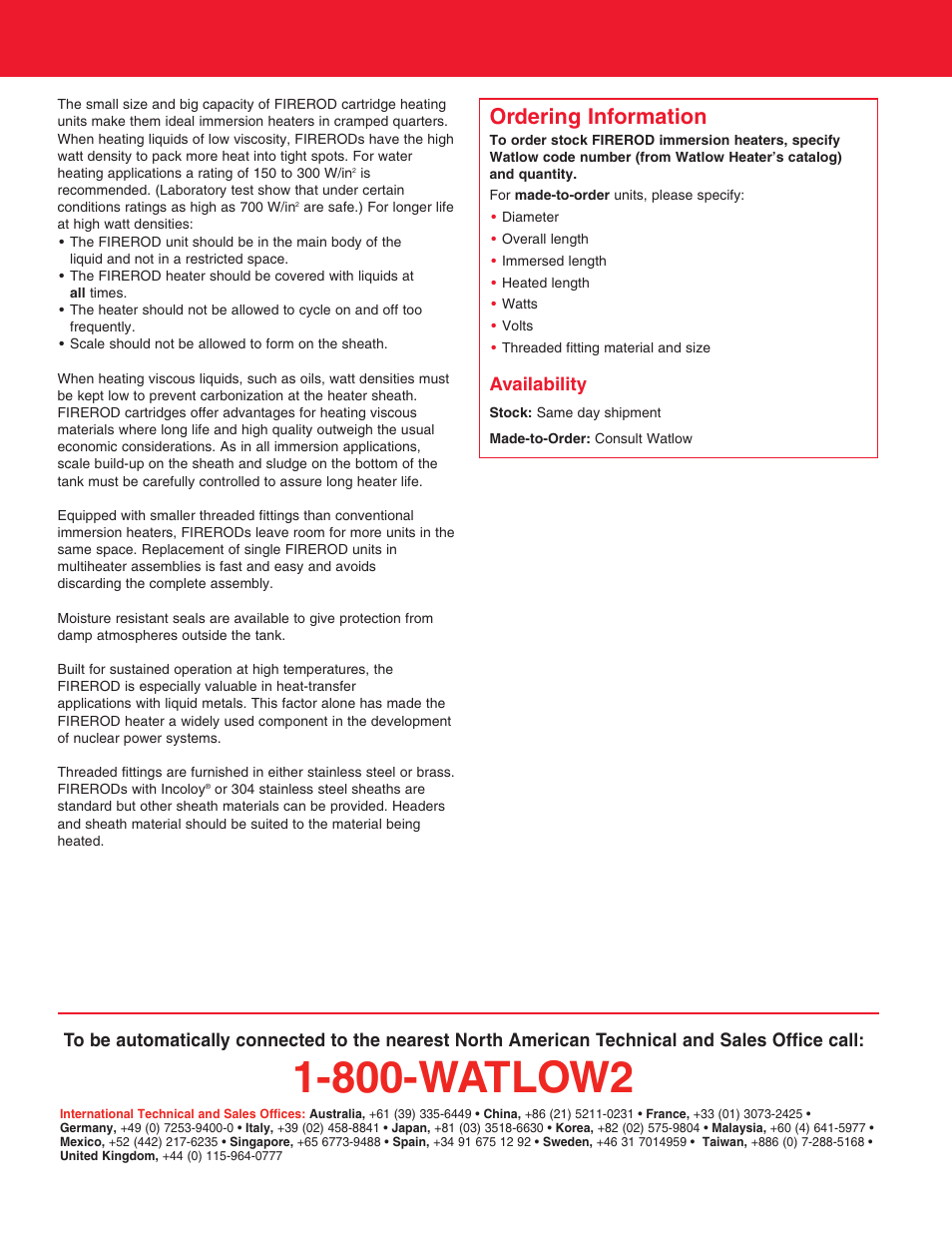 General information, Ordering information, How to contact watlow | 800-watlow2, Availability | Watlow Electric Firerod Immersion User Manual | Page 2 / 2