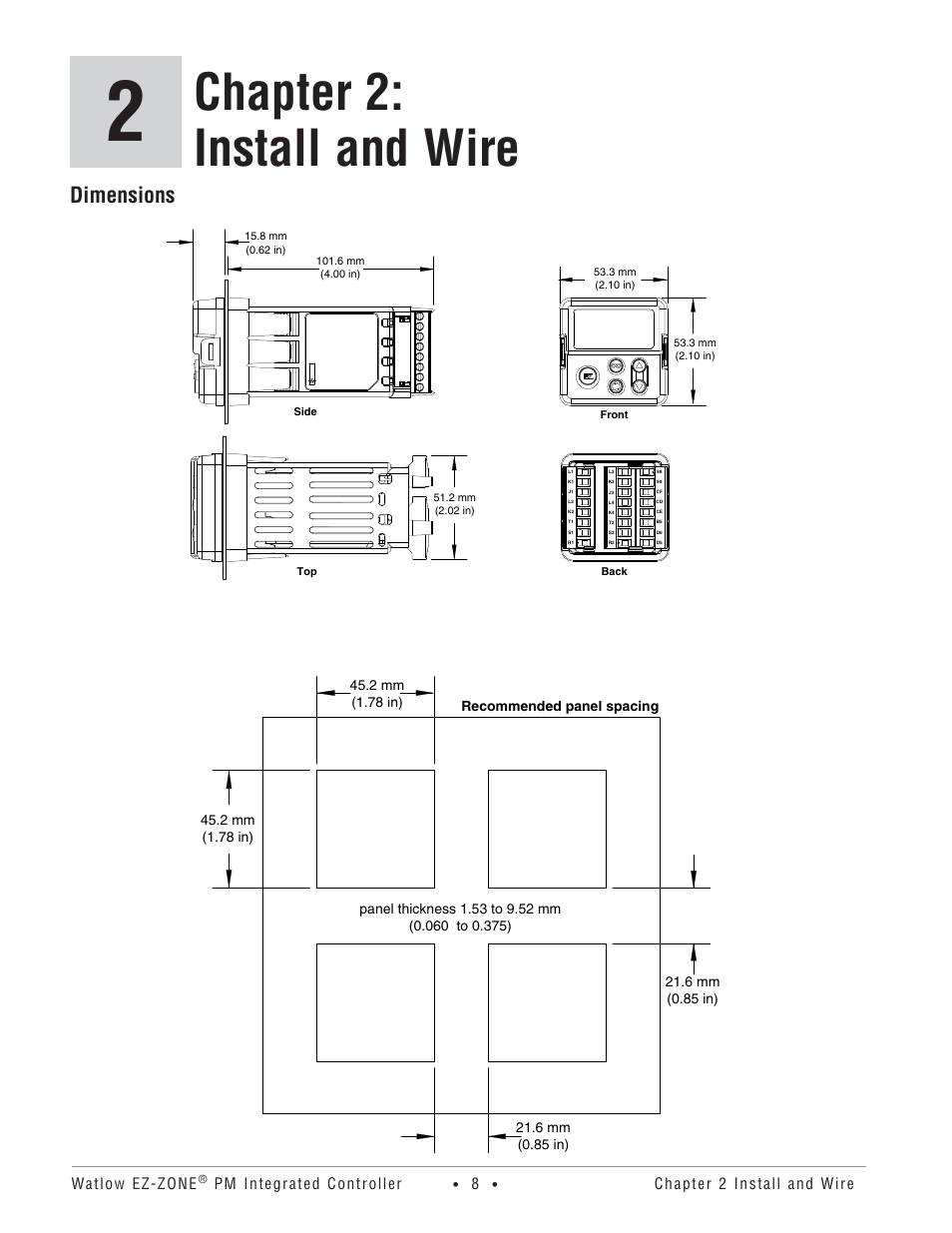 Chapter 2: install and wire, Dimensions | Watlow Electric Integrated Controller User Manual Rev C EZ-ZONE PM User Manual | Page 10 / 80