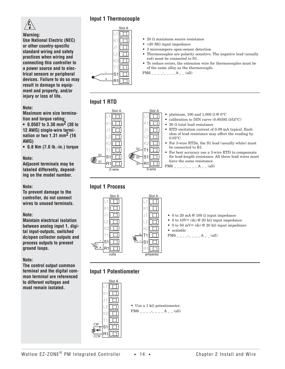 Input 1 thermocouple, Input 1 rtd, Input 1 process | Input 1 potentiometer | Watlow Electric Integrated Controller User Manual Rev C EZ-ZONE PM User Manual | Page 16 / 80