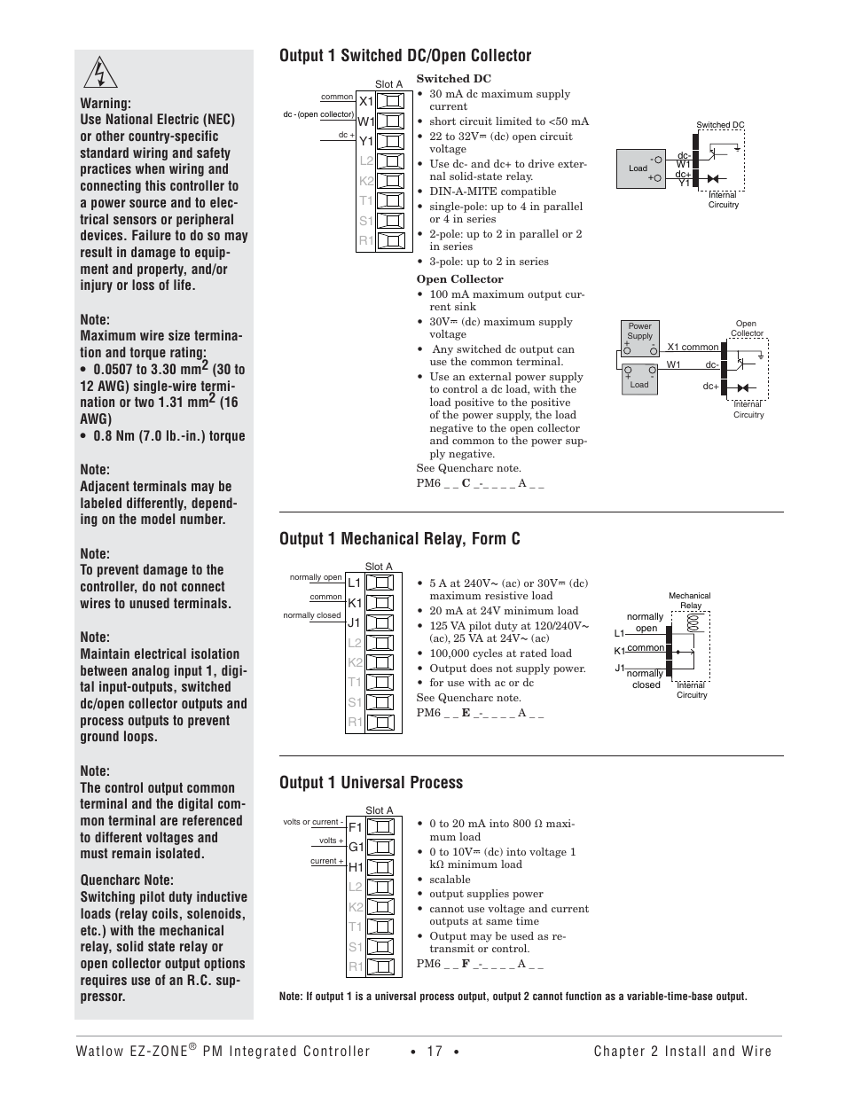 Output 1 switched dc/open collector, Output 1 mechanical relay, form c, Output 1 universal process | Watlow Electric Integrated Controller User Manual Rev C EZ-ZONE PM User Manual | Page 19 / 80