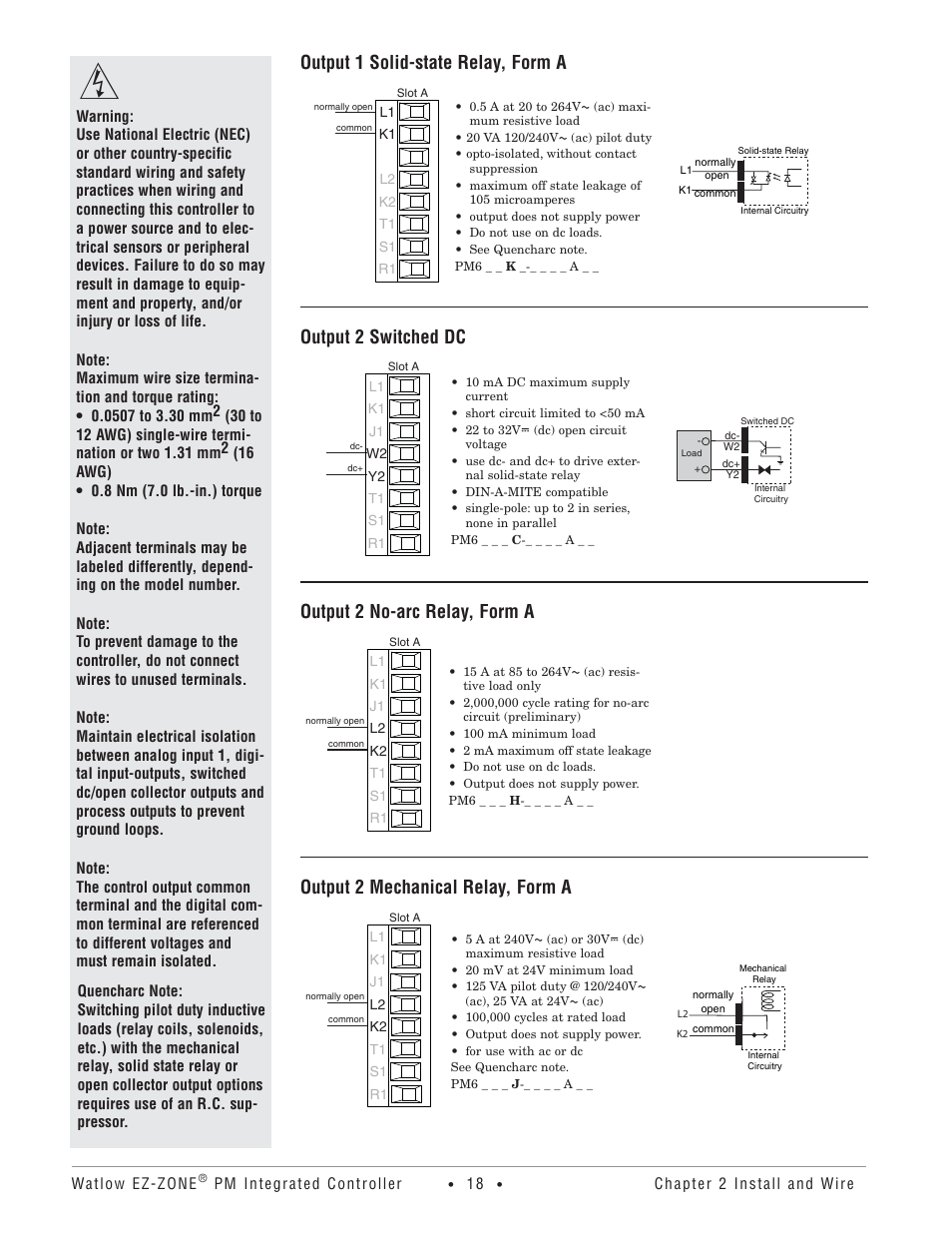 Output 1 solid-state relay, form a, Output 2 switched dc, Output 2 no-arc relay, form a | Output 2 mechanical relay, form a | Watlow Electric Integrated Controller User Manual Rev C EZ-ZONE PM User Manual | Page 20 / 80