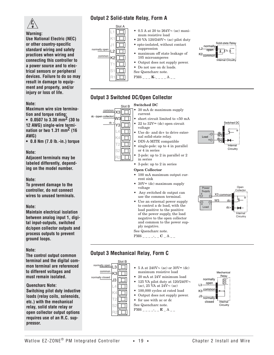 Output 2 solid-state relay, form a, Output 3 switched dc/open collector, Output 3 mechanical relay, form c | Watlow Electric Integrated Controller User Manual Rev C EZ-ZONE PM User Manual | Page 21 / 80