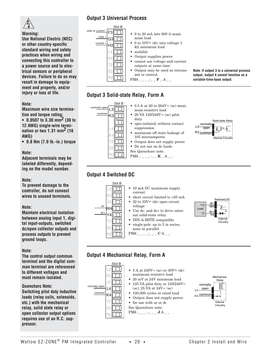 Output 3 universal process, Output 3 solid-state relay, form a, Output 4 switched dc | Output 4 mechanical relay, form a | Watlow Electric Integrated Controller User Manual Rev C EZ-ZONE PM User Manual | Page 22 / 80