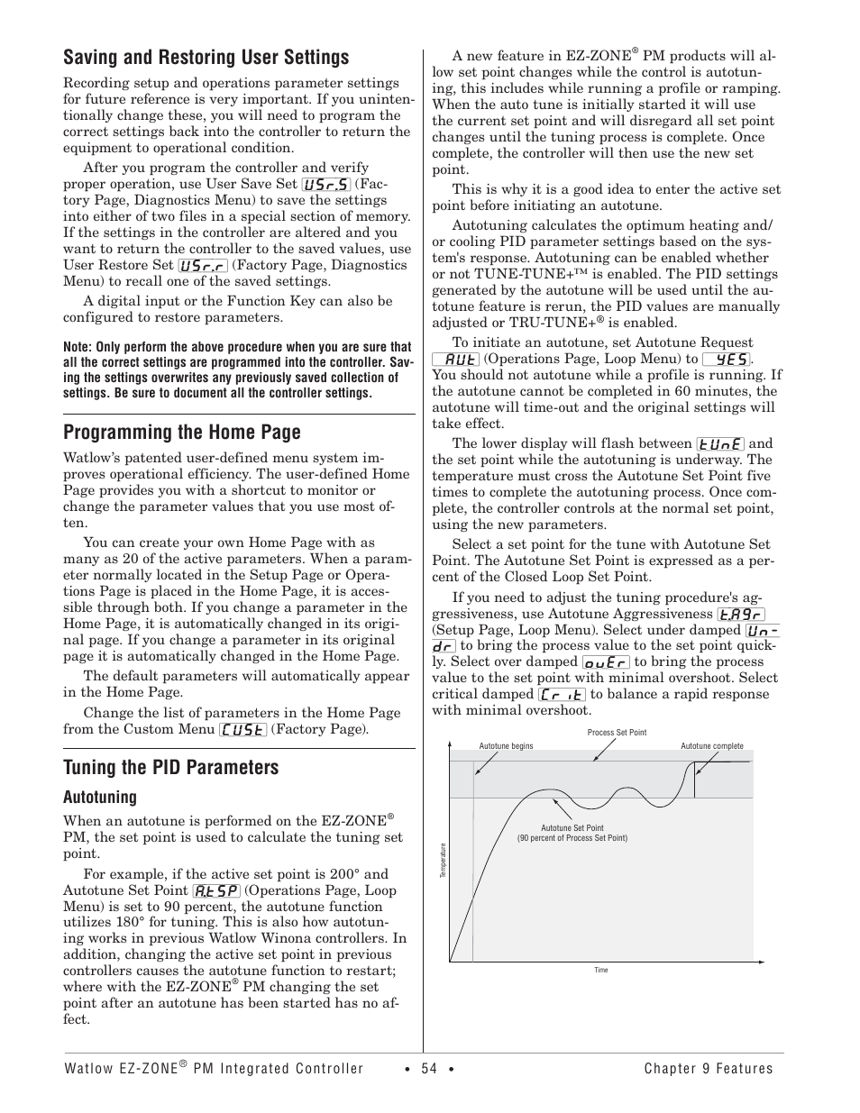 Saving and restoring user settings, Tuning the pid parameters, Programming the home page | Autotuning | Watlow Electric Integrated Controller User Manual Rev C EZ-ZONE PM User Manual | Page 56 / 80