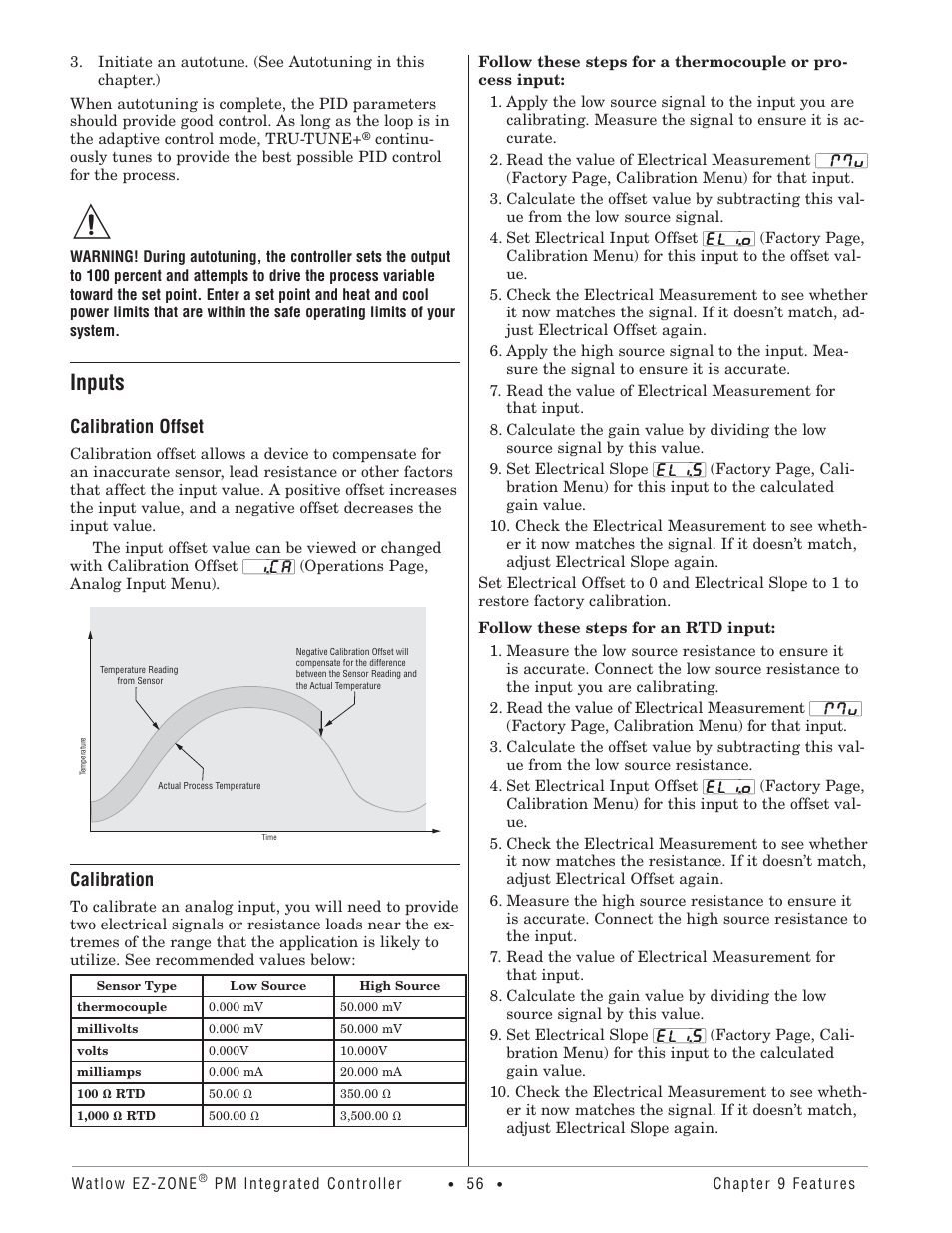 Inputs, Calibration offset calibration, Calibration offset | Calibration | Watlow Electric Integrated Controller User Manual Rev C EZ-ZONE PM User Manual | Page 58 / 80