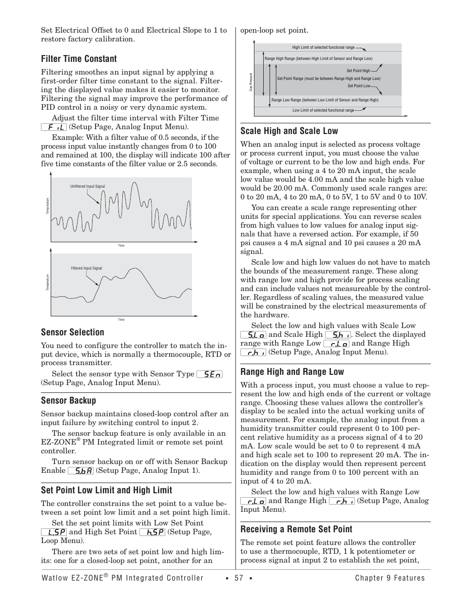 Filter time constant, Sensor selection, Sensor backup | Set point low limit and high limit, Scale high and scale low, Range high and range low, Receiving a remote set point | Watlow Electric Integrated Controller User Manual Rev C EZ-ZONE PM User Manual | Page 59 / 80